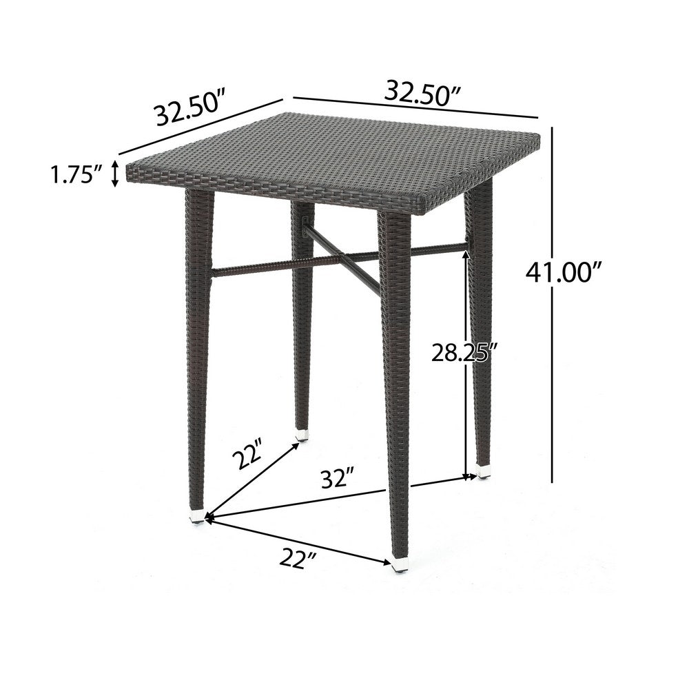 Outdoor Bar Table, 33 Inch Square Top, Dark Brown Rattan Woven -BM335384