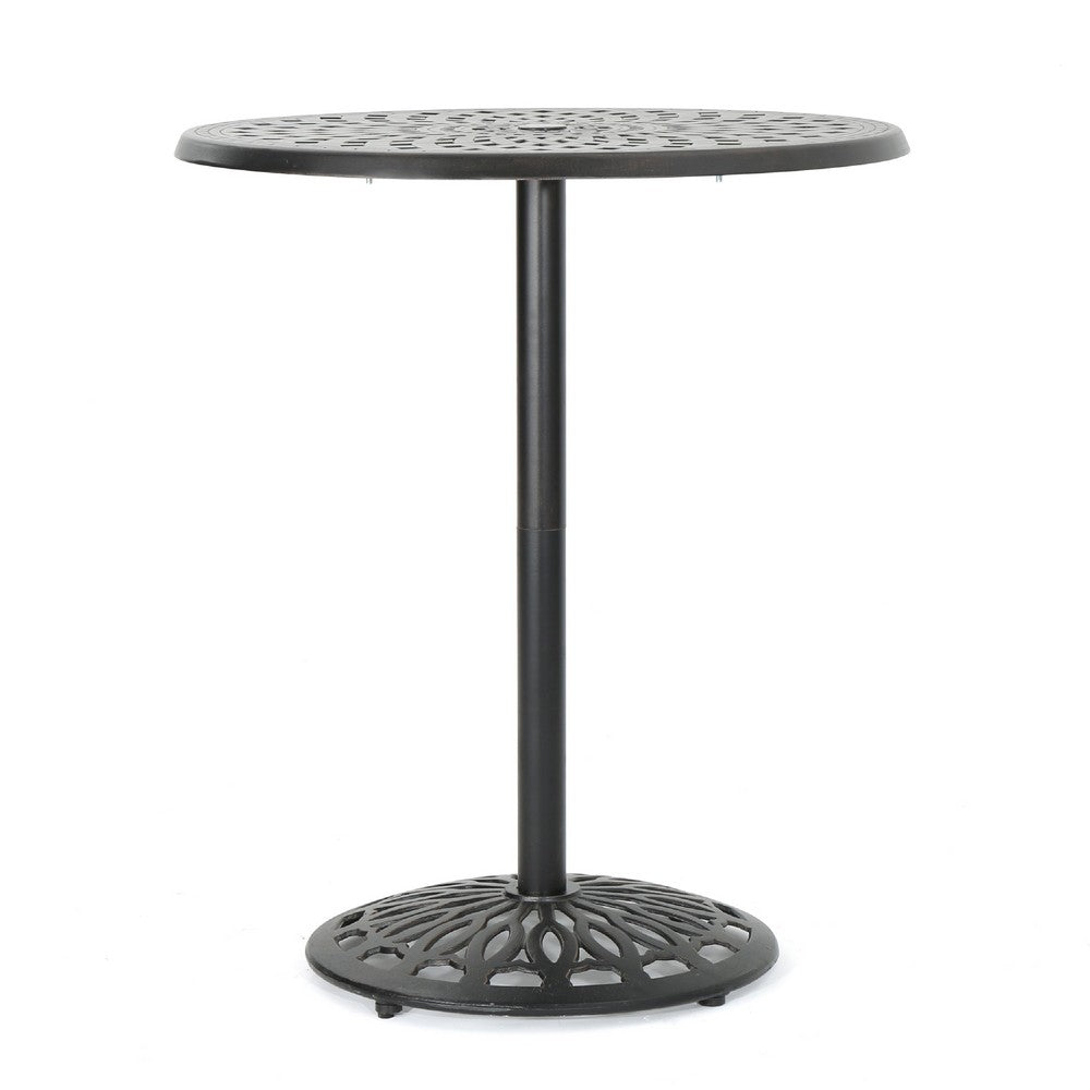 Outdoor Bar Table, 35 Inch Round Carved Top, Antique Bronze Aluminum  -BM335385