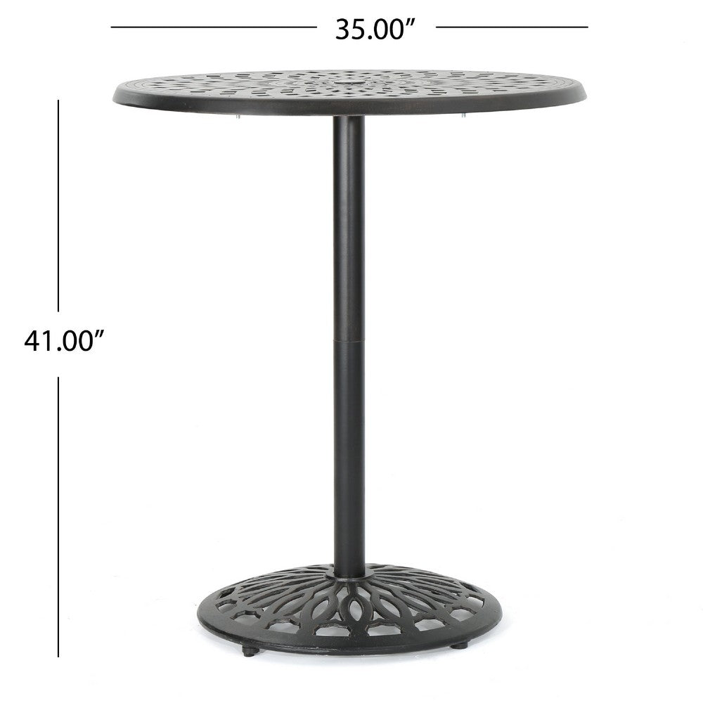 Outdoor Bar Table, 35 Inch Round Carved Top, Antique Bronze Aluminum  -BM335385