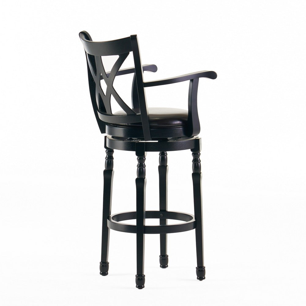 Modern Swivel Barstool Chair, Espresso Black Leather Seat Cushion -BM335386