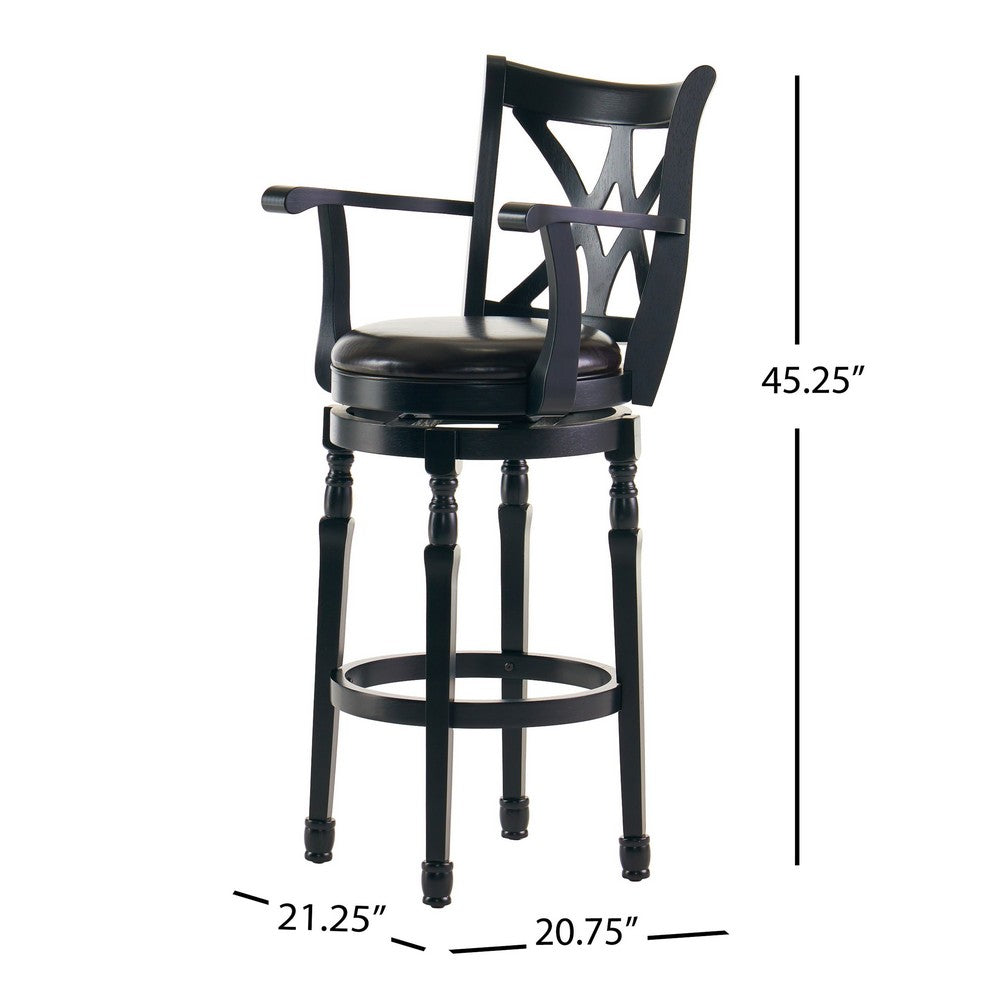Modern Swivel Barstool Chair, Espresso Black Leather Seat Cushion -BM335386