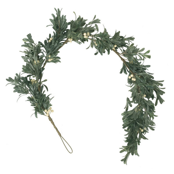 Decorative Garland, White Snowberries w Frosted Green Leaves 55 Inch -BM335388
