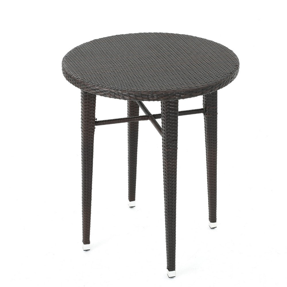 Benzara Outdoor Bar Table, 34 Inch Round Top, Dark Brown Rattan
