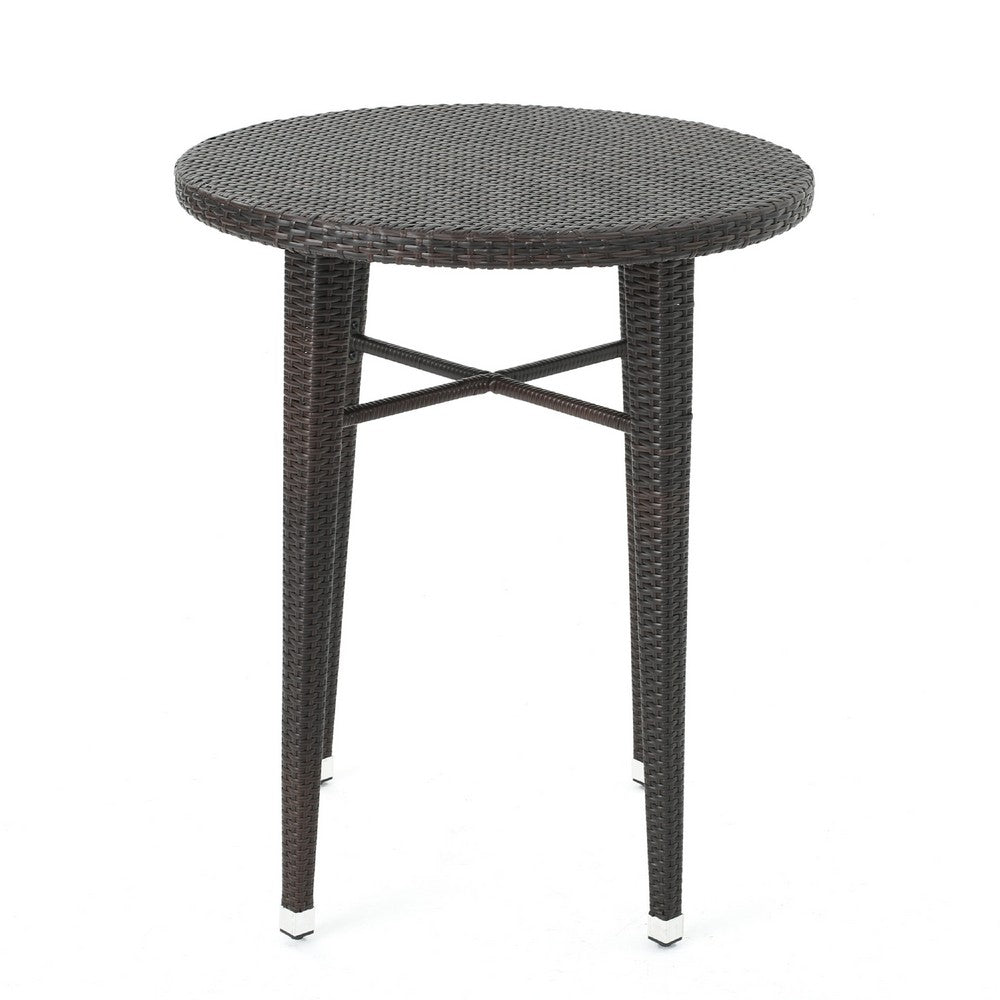 Outdoor Bar Table, 34 Inch Round Top, Dark Brown Rattan Woven -BM335389