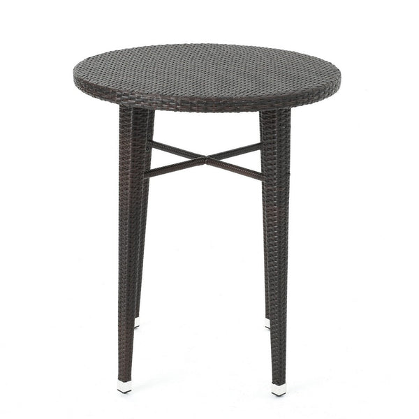 Outdoor Bar Table, 34 Inch Round Top, Dark Brown Rattan Woven -BM335389