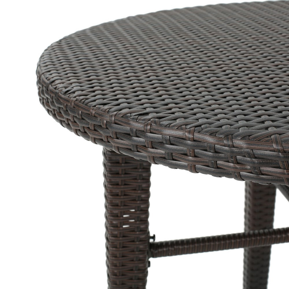 Outdoor Bar Table, 34 Inch Round Top, Dark Brown Rattan Woven -BM335389