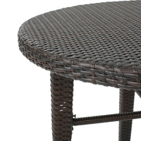 Outdoor Bar Table, 34 Inch Round Top, Dark Brown Rattan Woven -BM335389