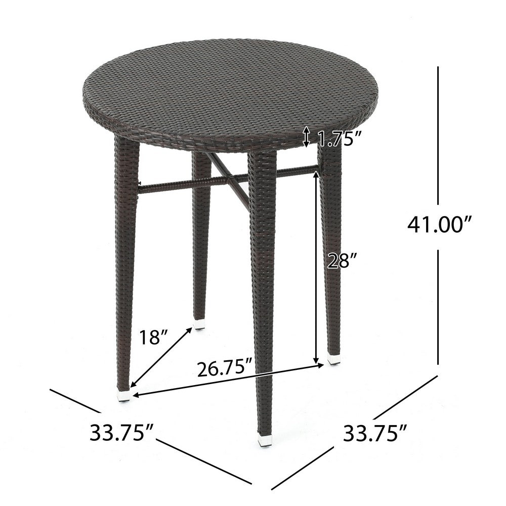 Outdoor Bar Table, 34 Inch Round Top, Dark Brown Rattan Woven -BM335389