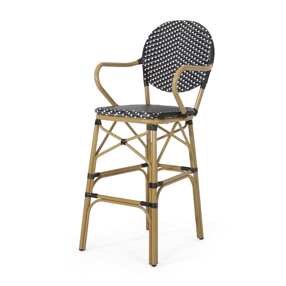 Outdoor Bar Chair Set of 2, Plaid Black White Woven Wicker, Brown Legs -BM335390