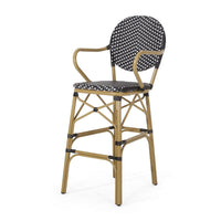 Outdoor Bar Chair Set of 2, Plaid Black White Woven Wicker, Brown Legs -BM335390