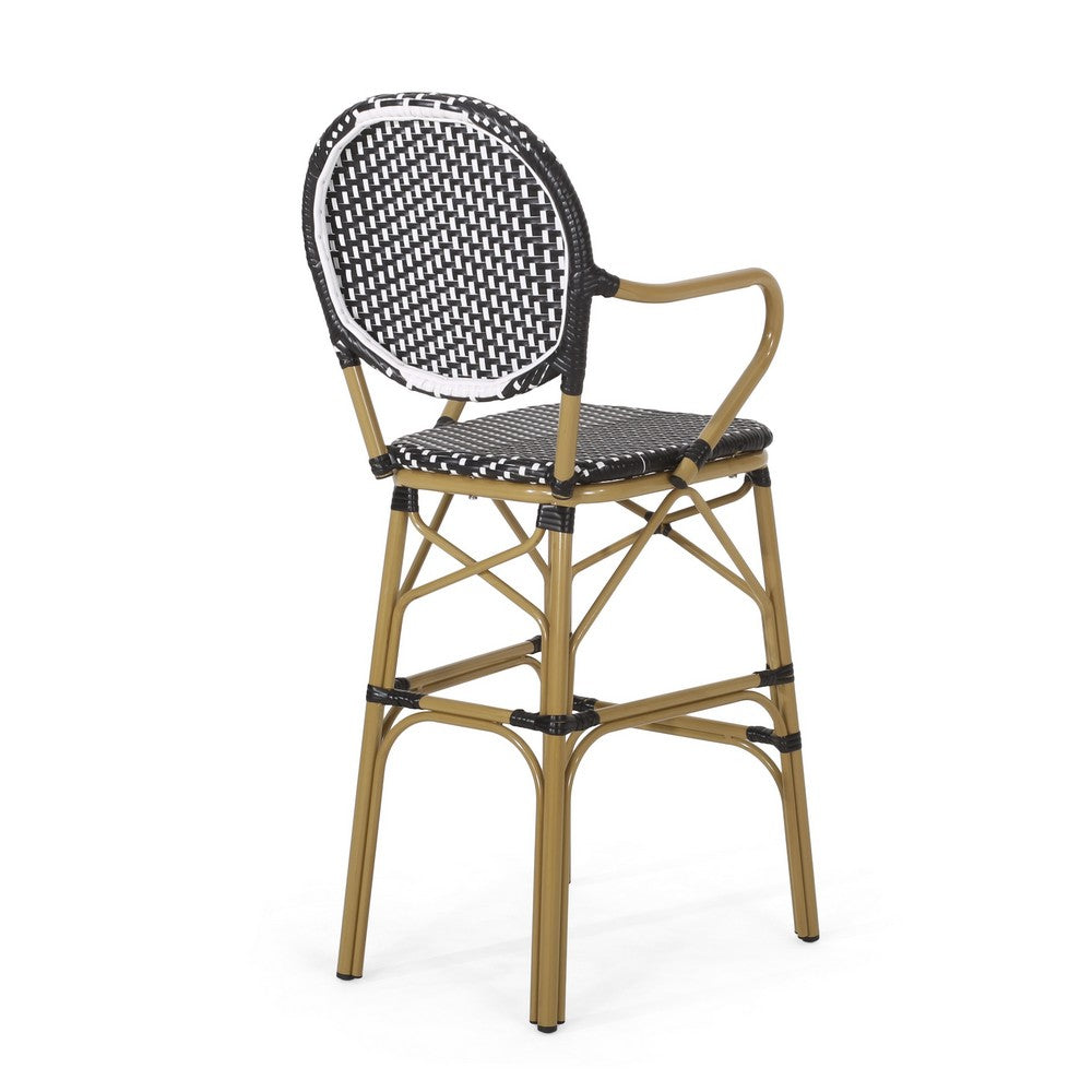 Outdoor Bar Chair Set of 2, Plaid Black White Woven Wicker, Brown Legs -BM335390