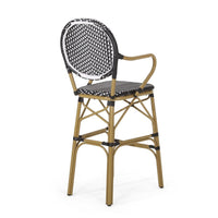 Outdoor Bar Chair Set of 2, Plaid Black White Woven Wicker, Brown Legs -BM335390