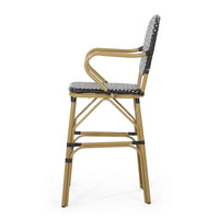 Outdoor Bar Chair Set of 2, Plaid Black White Woven Wicker, Brown Legs -BM335390