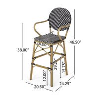 Outdoor Bar Chair Set of 2, Plaid Black White Woven Wicker, Brown Legs -BM335390