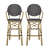 Outdoor Bar Chair Set of 2, Plaid Black White Woven Wicker, Brown Legs -BM335390