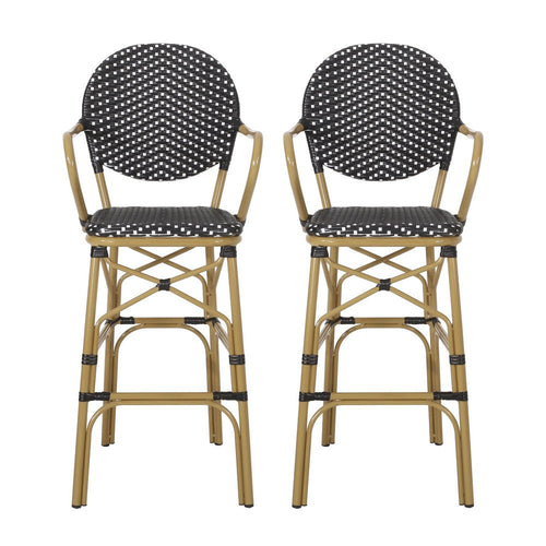 Outdoor Bar Chair Set of 2, Plaid Black White Woven Wicker, Brown Legs -BM335390