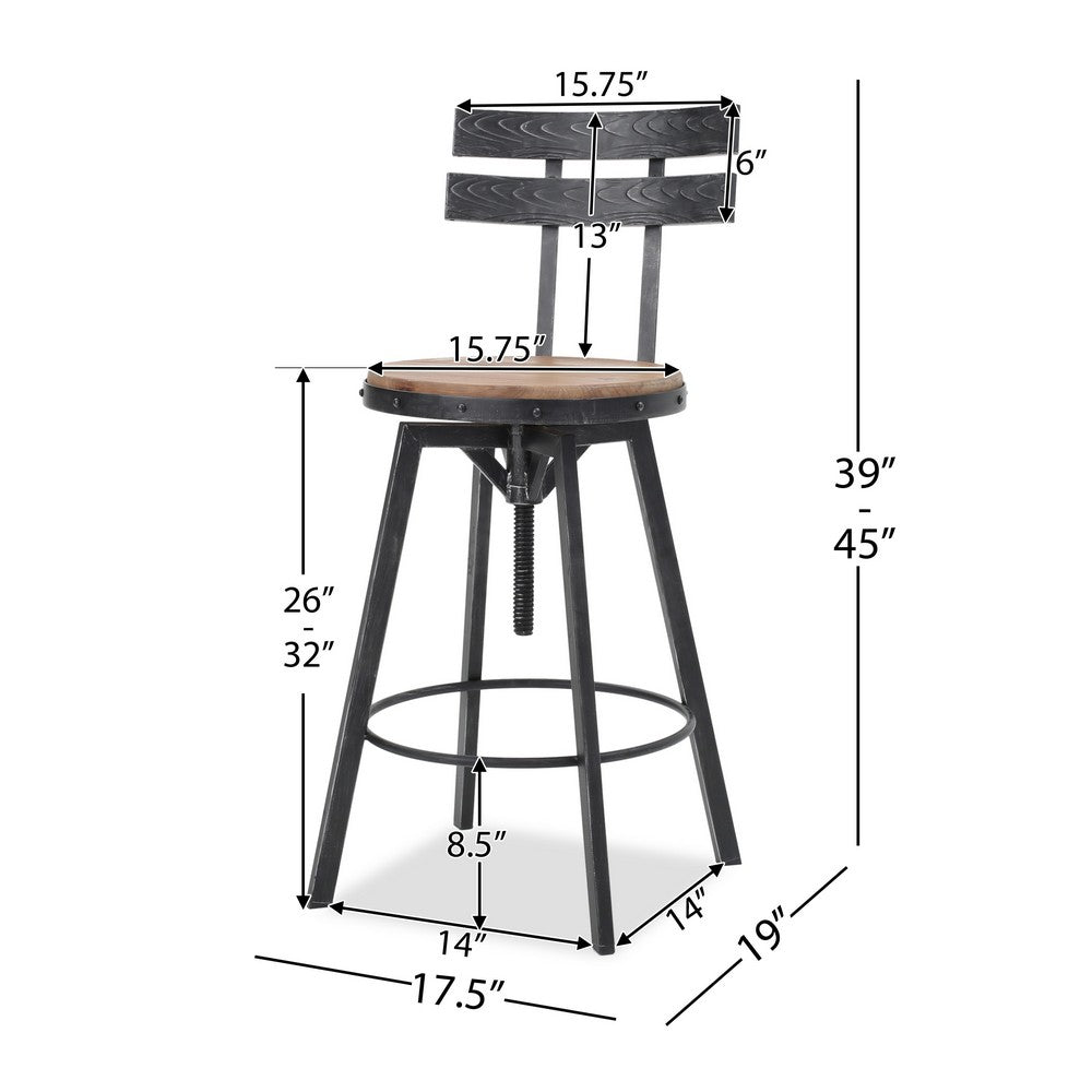 Milz Barstool Chair, Black Silver Metal 24-31 Adjustable Height, Brown -BM335396