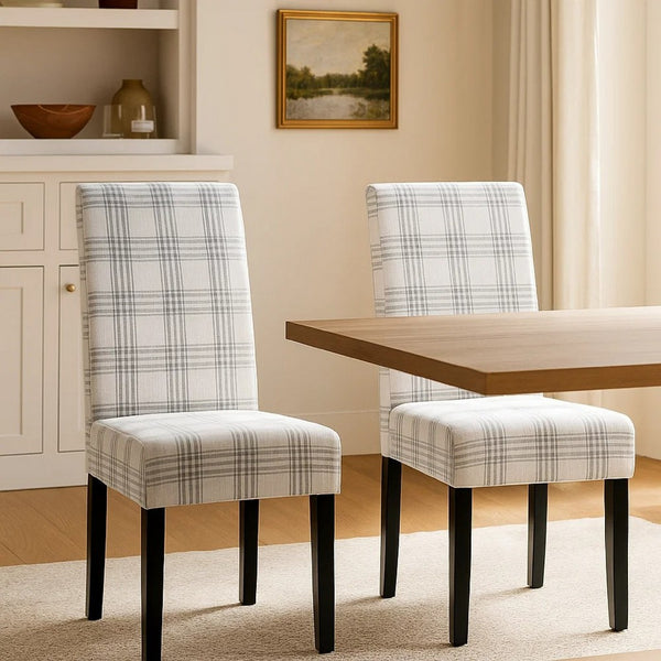 Cini Dining Side Chair Set of 2, Gray Plaid Fabric, Black Wood Legs -BM335402