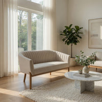 Fery Loveseat, Beige Fabric Channel Stitched Back, Brown Wood 55 Inch -BM335405