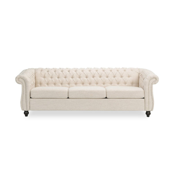 Nisy 3 Seater Sofa, Chesterfield Beige Fabric Tufted Back, 85 Inch -BM335406