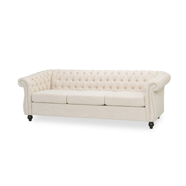 Nisy 3 Seater Sofa, Chesterfield Beige Fabric Tufted Back, 85 Inch -BM335406