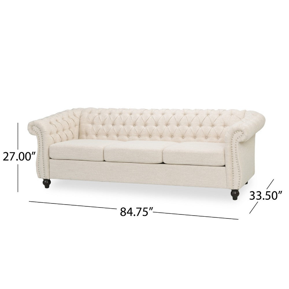Nisy 3 Seater Sofa, Chesterfield Beige Fabric Tufted Back, 85 Inch -BM335406