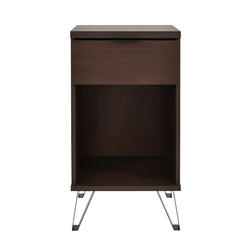 Livy Nightstand, 1 Drawer, Black Iron Legs, Walnut Brown, 27 Inch -BM335409