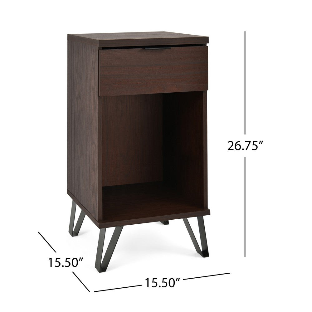 Livy Nightstand, 1 Drawer, Black Iron Legs, Walnut Brown, 27 Inch -BM335409