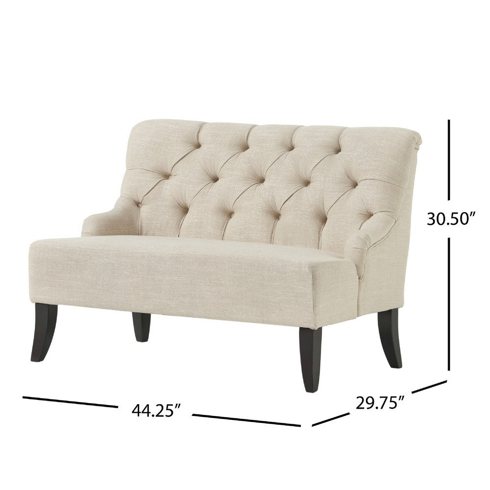 Ohio Loveseat Settee, Tufted Light Beige Fabric, Brown Legs, 44 Inch -BM335415