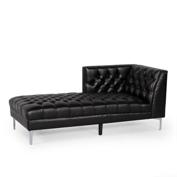 Ami Chaise Lounger, Tufted Black Faux Leather, Chrome Legs, 70 Inch -BM335427