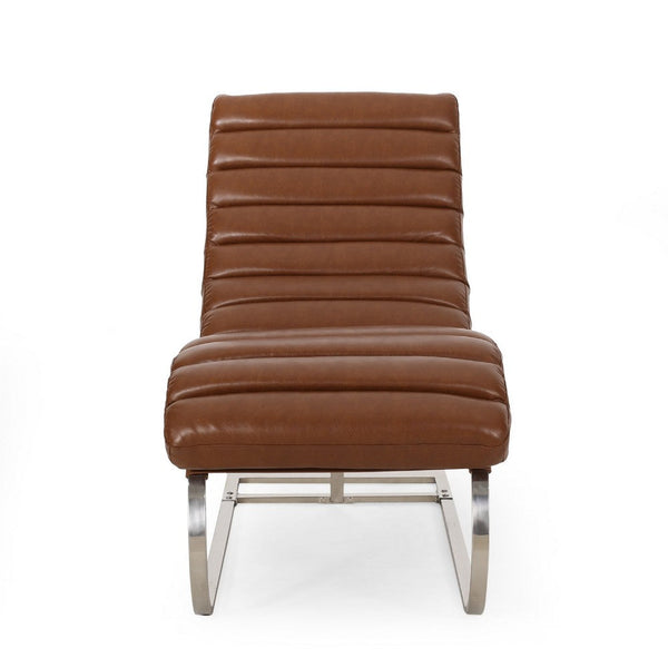 Remma Chaise Lounger, Light Brown Tufted Faux Leather, Metal 56 Inch -BM335433
