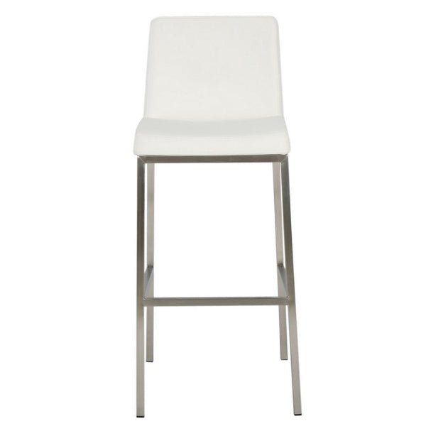 Barstool Chair Set of 2, White Fabric Cushioned Back, Silver Metal -BM335435