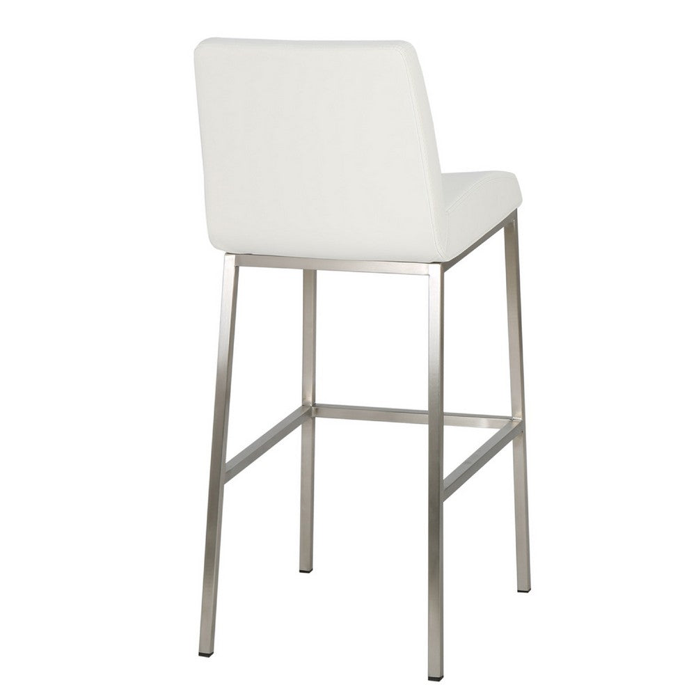 Barstool Chair Set of 2, White Fabric Cushioned Back, Silver Metal -BM335435