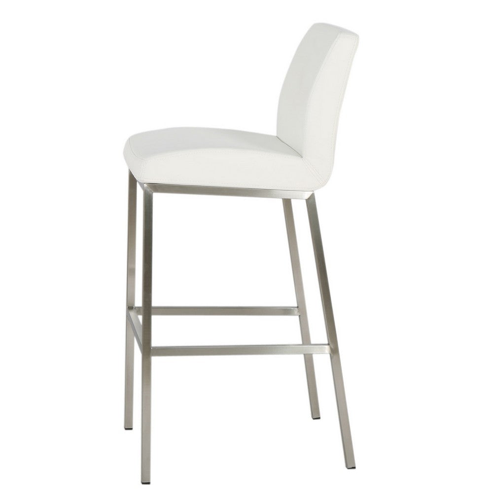 Barstool Chair Set of 2, White Fabric Cushioned Back, Silver Metal -BM335435