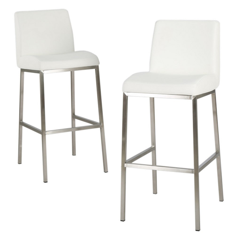 Barstool Chair Set of 2, White Fabric Cushioned Back, Silver Metal -BM335435