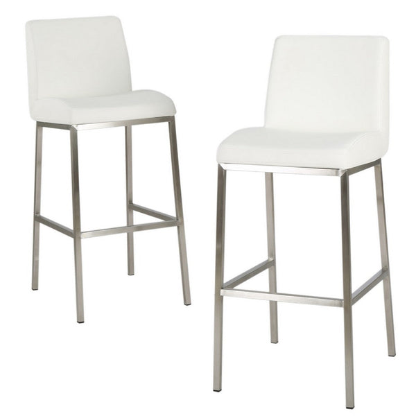 Barstool Chair Set of 2, White Fabric Cushioned Back, Silver Metal -BM335435