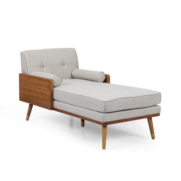 Chaise Lounger with 2 Rolled Pillows, Beige Fabric, Brown Wood 64 Inch -BM335440