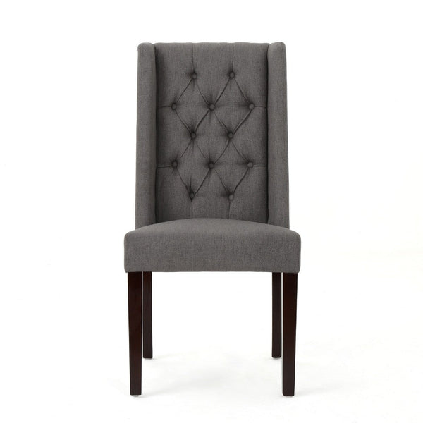 Nathan Dining Chair Set of 2, Dark Brown Wood, Tufted Gray Wingback -BM335441