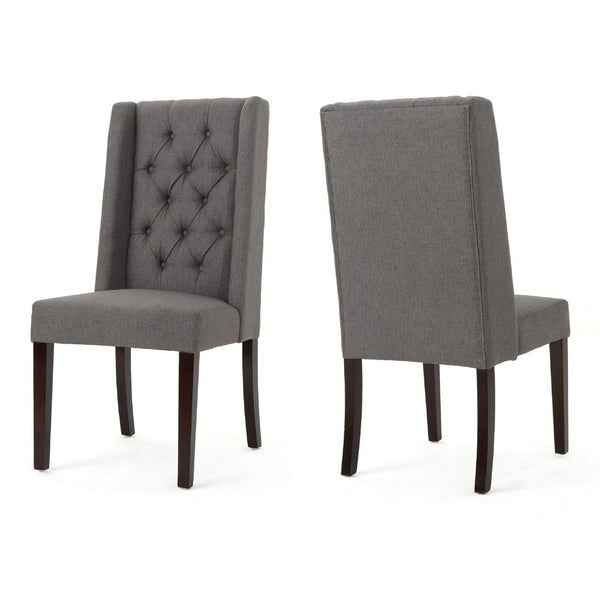 Nathan Dining Chair Set of 2, Dark Brown Wood, Tufted Gray Wingback -BM335441