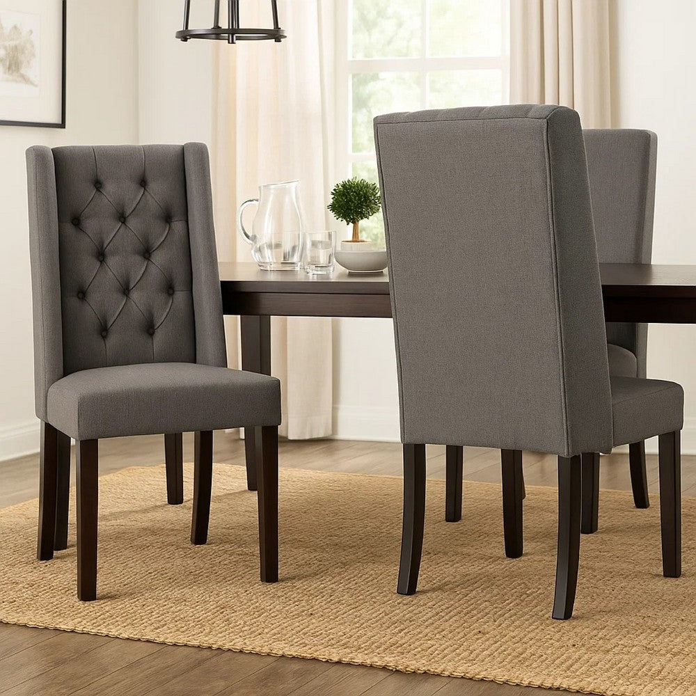 Nathan Dining Chair Set of 2, Dark Brown Wood, Tufted Gray Wingback -BM335441