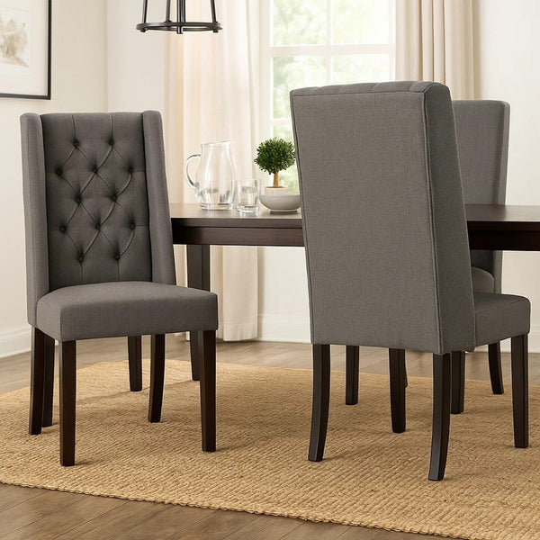 Nathan Dining Chair Set of 2, Dark Brown Wood, Tufted Gray Wingback -BM335441