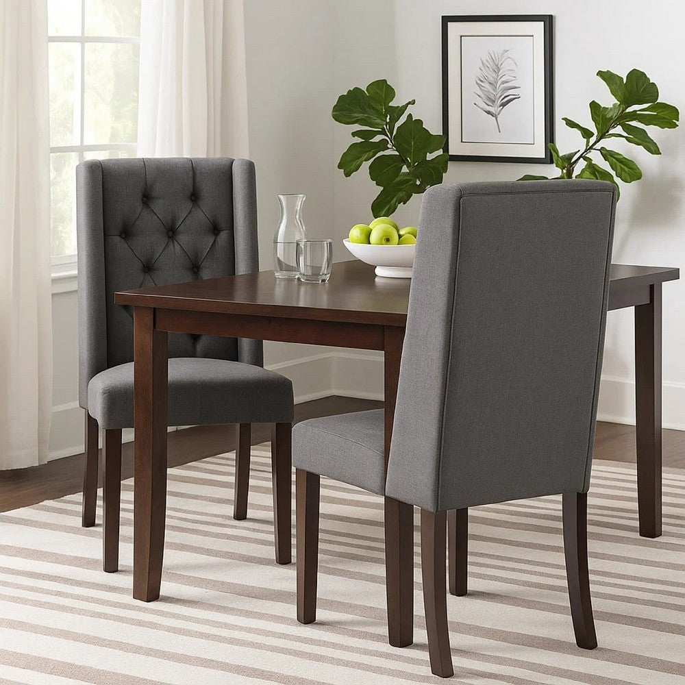 Nathan Dining Chair Set of 2, Dark Brown Wood, Tufted Gray Wingback -BM335441