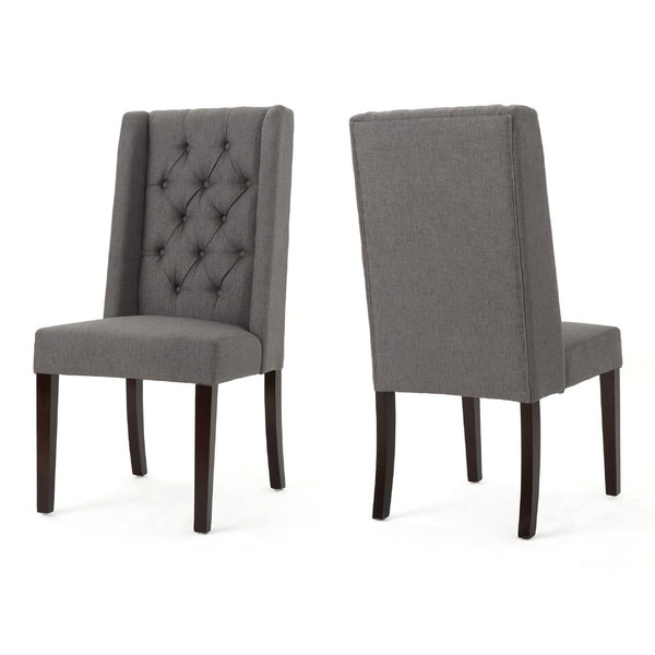Nathan Dining Chair Set of 2, Dark Brown Wood, Tufted Gray Wingback -BM335441