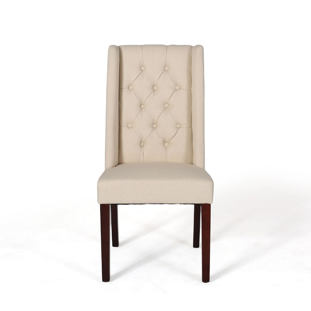 Nathan Dining Chair Set of 2, Dark Brown Wood, Tufted Beige Wingback -BM335442