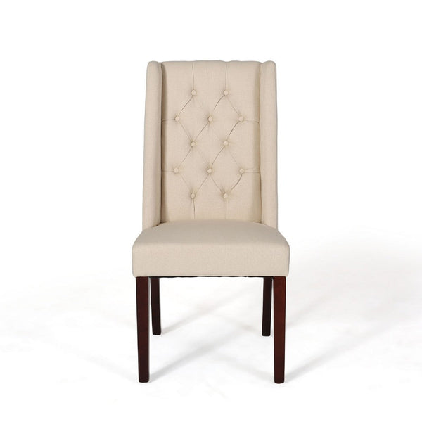 Nathan Dining Chair Set of 2, Dark Brown Wood, Tufted Beige Wingback -BM335442