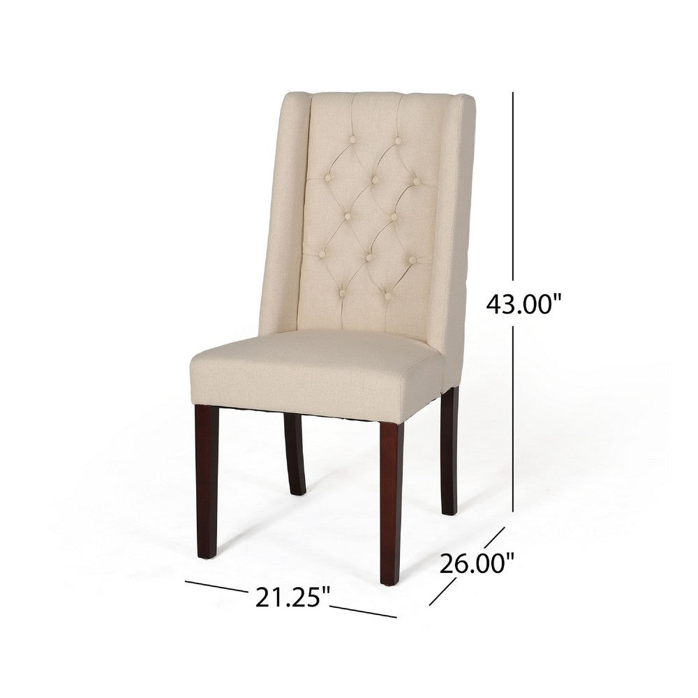 Nathan Dining Chair Set of 2, Dark Brown Wood, Tufted Beige Wingback -BM335442