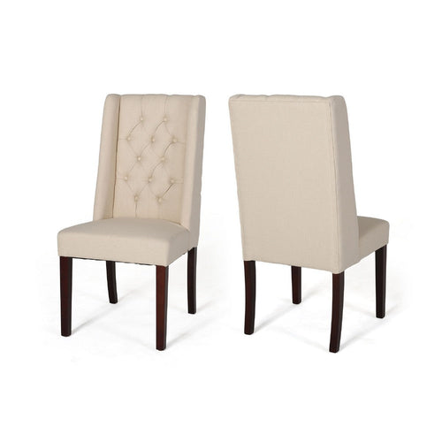 Nathan Dining Chair Set of 2, Dark Brown Wood, Tufted Beige Wingback -BM335442
