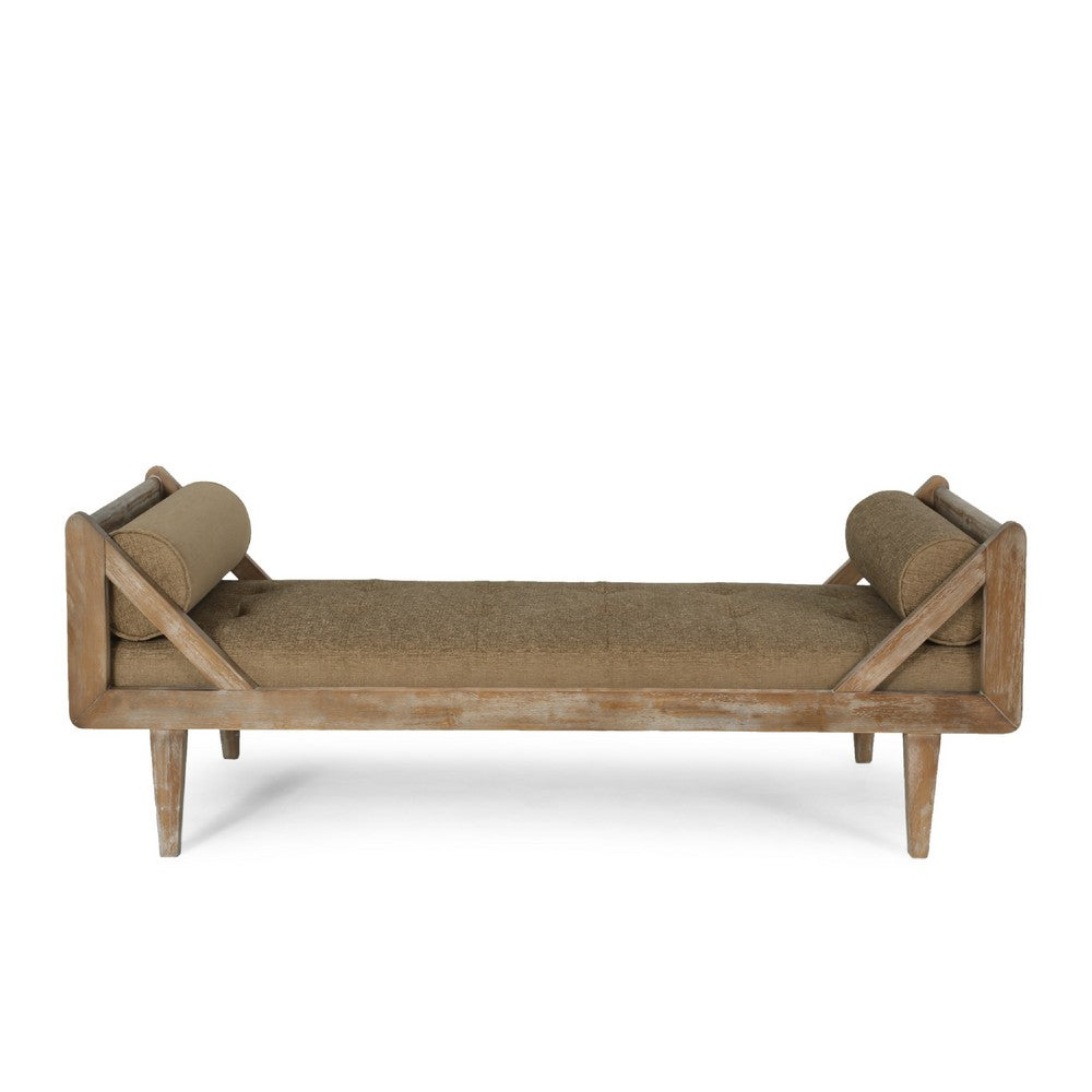 Chaise Lounger, Tufted Beige Fabric, Brown Solid Wood Frame, 65 Inch -BM335443
