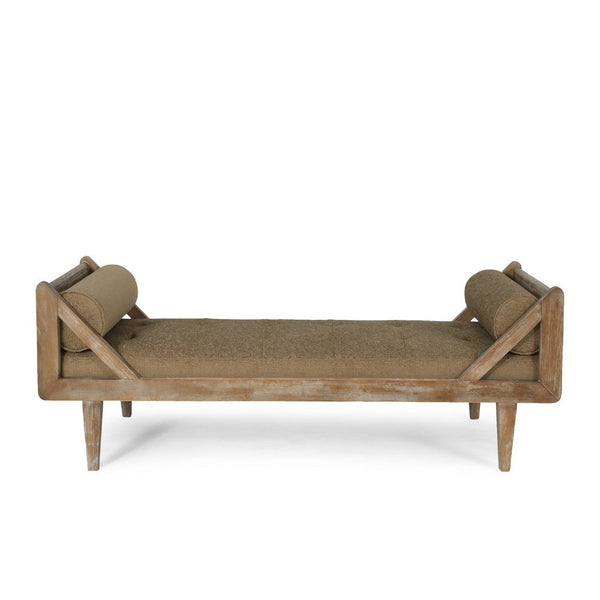 Chaise Lounger, Tufted Beige Fabric, Brown Solid Wood Frame, 65 Inch -BM335443