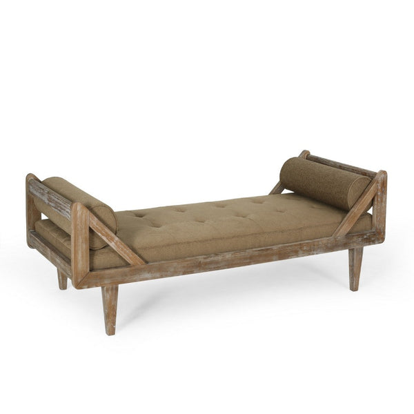 Chaise Lounger, Tufted Beige Fabric, Brown Solid Wood Frame, 65 Inch -BM335443